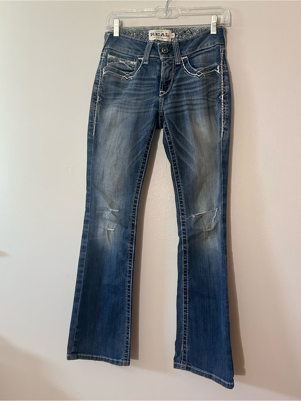 Ariat REAL Denim Distressed Flare Jeans in Dark Blue